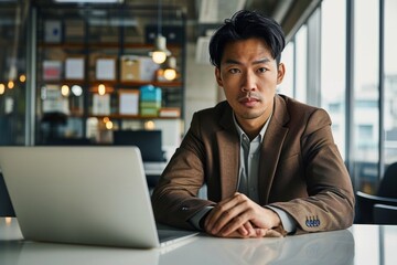 Young serious Asian businessman corporate manager looking at camera thinking working on laptop in office. Japanese professional business man executive, Generative AI