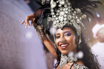 Carnival, dancer and portrait of woman at festival, event or samba in Brazil for summer celebration...