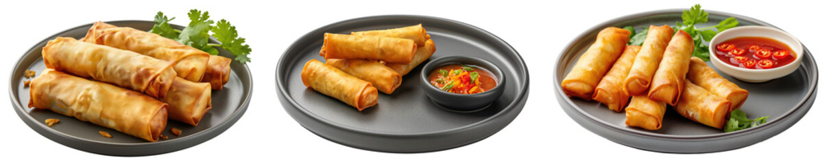 Crispy spring rolls with dipping sauce on plate. Golden brown spring rolls served with spicy dipping sauce - Collection isolated on transparent background - Powered by Adobe