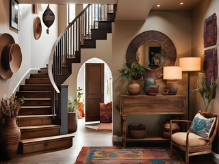staircase in the house, Bohemian Rhapsody: Eclectic Entrance Hall Charms with Wood
