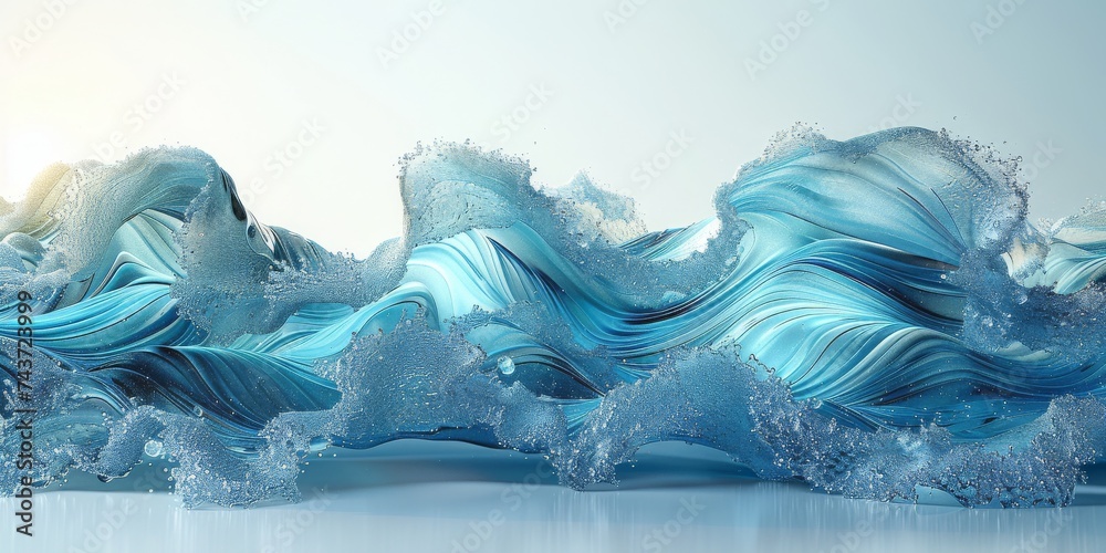 Poster Abstract Artistic Interpretation of Dynamic Waves Dancing in Serene Blue Tones, Illuminated by Soft Sunlight, Generative AI