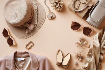 Fashion women stylish accessories outfit glamour set with label flat lay beige pastel background table with copy mock up space, female clothing offers, Generative AI © Kevin