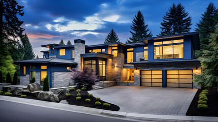 Luxurious new construction home in Bellevue, WA. Modern style home boasts two car garage framed by blue siding and natural stone wall trim,A luxurious new construction home,
 - obrazy, fototapety, plakaty