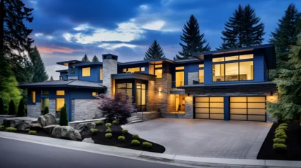 Wandaufkleber Luxurious new construction home in Bellevue, WA. Modern style home boasts two car garage framed by blue siding and natural stone wall trim,A luxurious new construction home,  © Classy designs