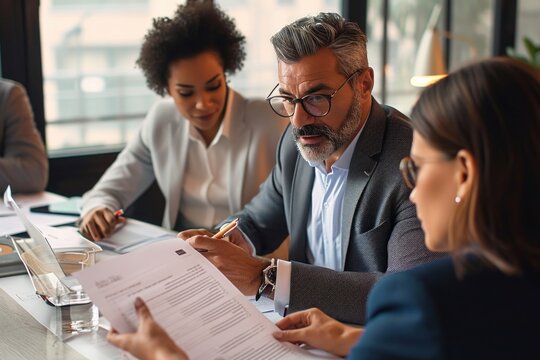 Busy older Latin business man investor checking bank document at office team meeting with financial law experts team thinking of risks managing corporate paperwork. Generative AI