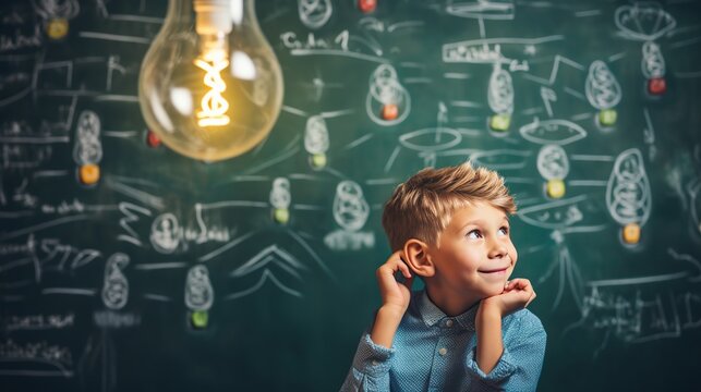 A young mind surrounded by the brilliance of bulbs, depicting an epiphany of creativity and the joy of learning.