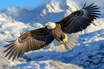 Obraz premium A bald eagle soars with spread wings flying in the sky on winter mountains background