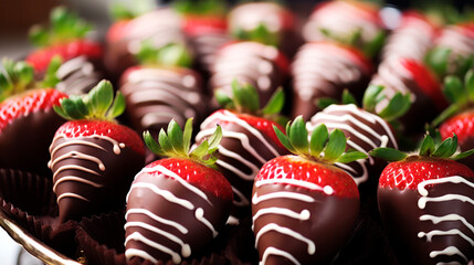 Strawberries in milk chocolate decorated with white chocolate, horizontal photo, close up. Concept of healthy fruits of berries dessert
