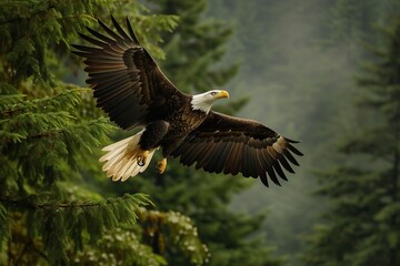 A bald eagle soars with spread wings flying on green trees background