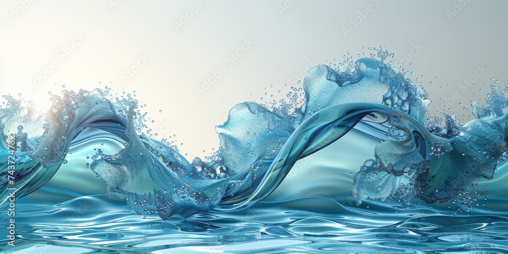 Poster abstract artistic interpretation of dynamic waves dancing in serene blue tones, illuminated by soft 