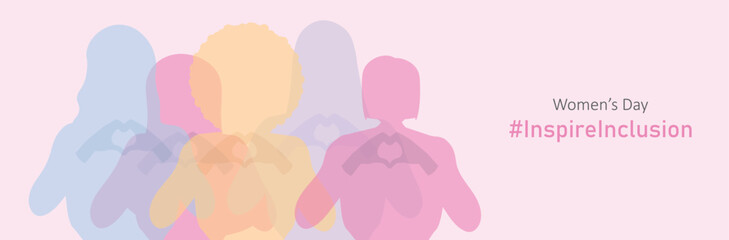  International Women's Day InspireInclusion banner. Women holding hearts in contemporary style inspires inclusivity. - obrazy, fototapety, plakaty