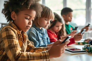 Diverse multiethnic kids students using smartphones in classroom. Multicultural children holding devices having fun with mobile phones apps playing games and checking social media, Generative AI