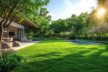 Back house yard with green grass, nice landscaping and swimming pool