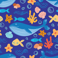 Fototapeta na wymiar Underwater ocean animals seamless pattern design