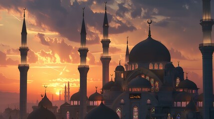 Mosque at sunset. 3d render of mosque at sunset. - obrazy, fototapety, plakaty