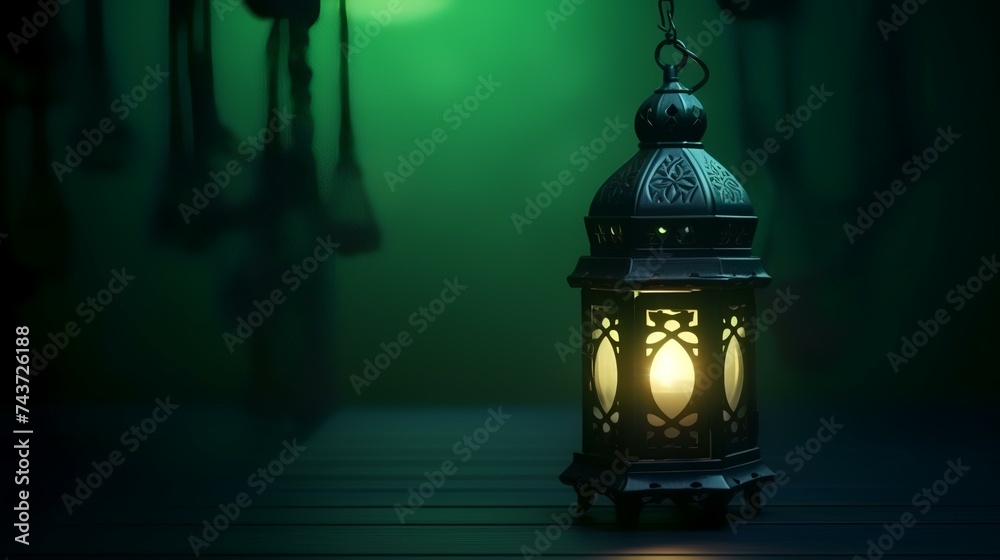 Poster Lantern with Arabic lanterns on dark background. 3D rendering