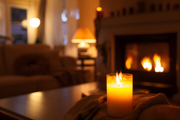 Cozy living room with fireplace and couch with focus on burning aromatherapy candle - obrazy, fototapety, plakaty