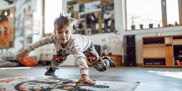 The boy is dancing a break in his room.