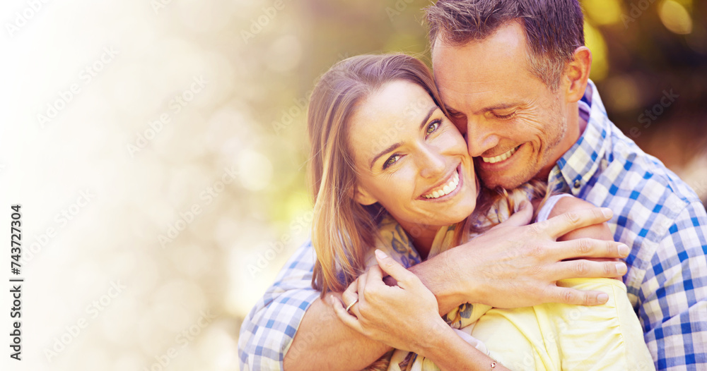 Poster Portrait, hug and couple in park for summer romance, trees and fun outdoor date with mockup space. Love, mature man and happy woman in garden with morning sunshine, hug and marriage bonding in nature