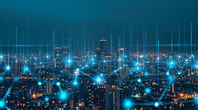 Skyline of a futuristic city digital and blue where technology merges with urban aspirations