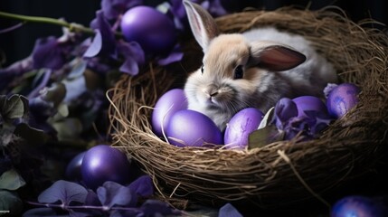 Happy Easter. hare and Easter painted purple eggs. tradition of looking for colorful eggs in the grass. copy space