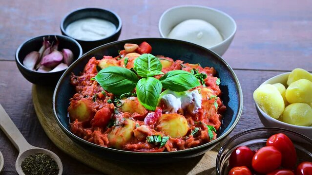 Creamy tomato gnocchi with burrata, basil and garlic