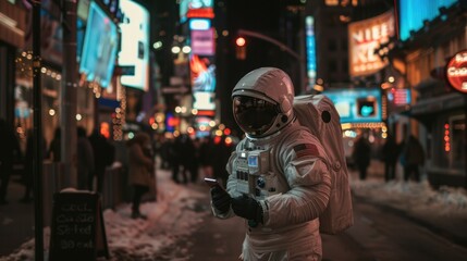Astronaut in Space Suit Using Smartphone in Urban Night Setting - obrazy, fototapety, plakaty