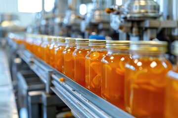 Automated bottling line for orange juice with filled jars on conveyor belt.