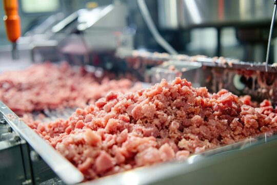 Ground meat processing on industrial conveyor belt. - Powered by Adobe