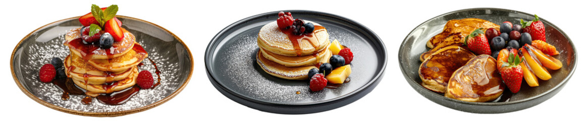 Delicious pancakes topped with berries, mango, and a sweet honey glaze on a dark plate - Collection isolated on transparent background