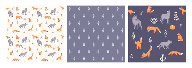 Fototapeta na wymiar set of 3 cartoon patterns with foxes, wolves and twigs. Suitable for fabric, wallpaper, wrapping paper for children.