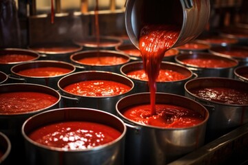 Tomato sauce being poured into buckets on production line.