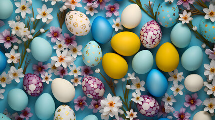Fototapeta na wymiar Colorful Painted Easter eggs with flowers on blue background. Top view. 3d render