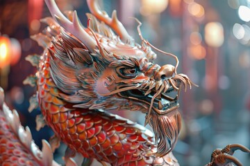 Vibrant dragon sculpture in festive setting. Close-up of traditional Asian art.