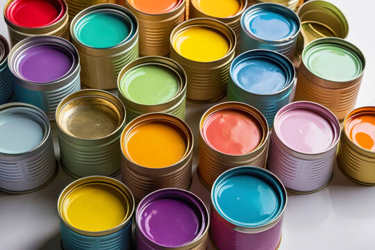 A bright rainbow image for advertising, tin cans with multi-colored paint standing on a white background. Pastel shades, rainbow colors, repair tools.