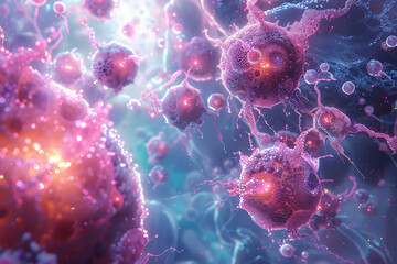 Digital rendering of vivid pink and blue microscopic particles