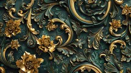 Golden Floral Elements on Teal Baroque Background