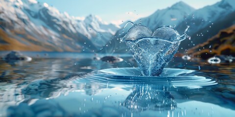 A Heart-shaped Water Splash Set Against a Breathtaking Snowy Mountain Landscape Reflecting the Crisp Winter Beauty, Generative AI