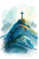 Expressive watercolor painting of a cross atop a hill, symbolizing faith and redemption. - obrazy, fototapety, plakaty