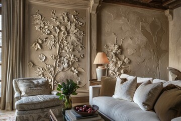 Classical Living Room with Embossed Floral Wall Art and Elegant Furniture