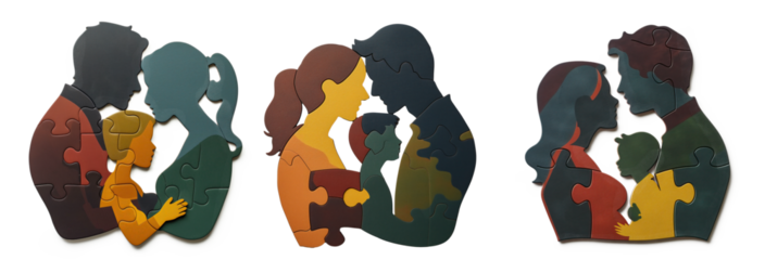 Family puzzle pieces connected together. Multicolored puzzle pieces forming a silhouette of a family, symbolizing unity and connection - Collection isolated on transparent background