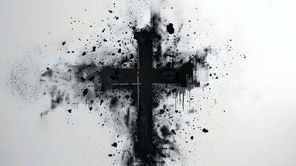 Black cross draw with ashes on white background. Generative AI - obrazy, fototapety, plakaty