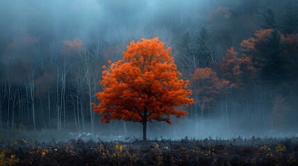 A maple tree, with vibrant orange leaves as the background, during the early morning mist