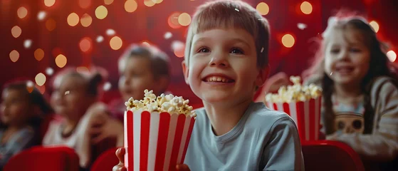 Foto op Canvas Cheerful children watching movie at cinema and eating popcorn © NaLan