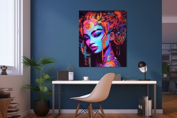 Home office interior with vibrant cyberpunk style portrait.