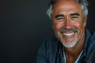 Obraz premium Smiling American man with a close-up, natural expression, showcasing a handsome and funny demeanor in a casual studio portrait. 