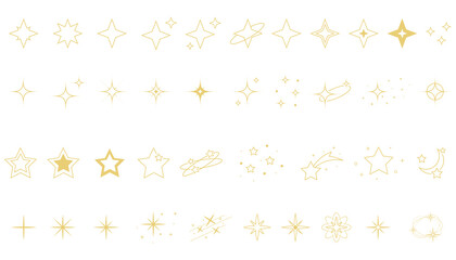Stars Icons Set,  Decorative Linar Elements, Sparkling Stars Collection, Sparkles, Shapes. Icons, Outline, Hand Drawn, Isolated, Glittering, Style, Doodle, Abstract, Symbol, Gold