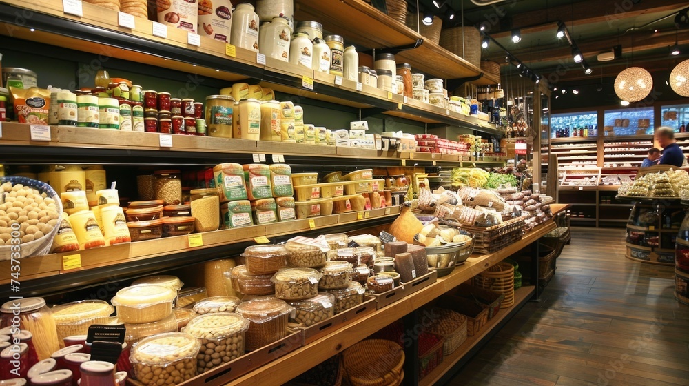 Wall mural interior of a gourmet food store with various products.