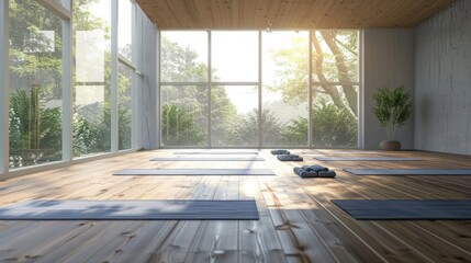 Empty yoga mats in a modern studio with large windows overlooking a forest. Serene wellness and health retreat concept with space for text.