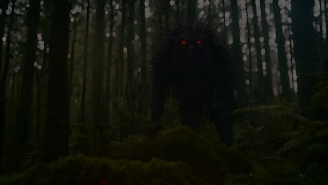 Strange monster-like creature lumbering through a dense forest, its eerie presence captured on film